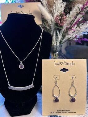 Silver Necklace and Purple Gemstone Drop Earrings
